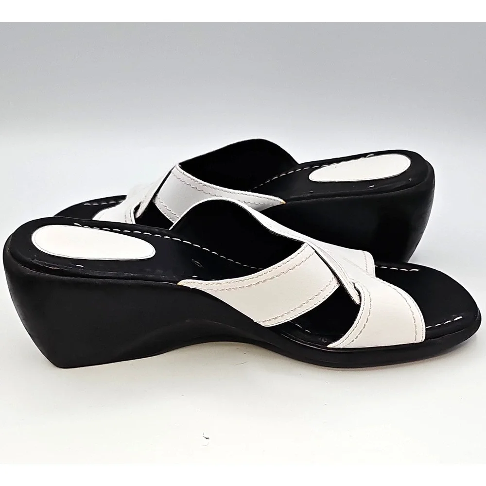 Clarks Black & White Leather Slide Wedge Sandals Size 7.5M